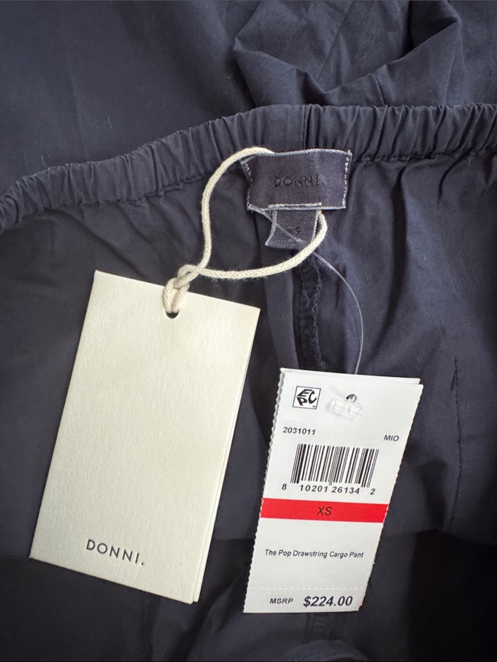 DONNI Cotton Poplin The Pop Drawstring Cargo Pants in Navy, NWT - XS - Picture 2 of 4